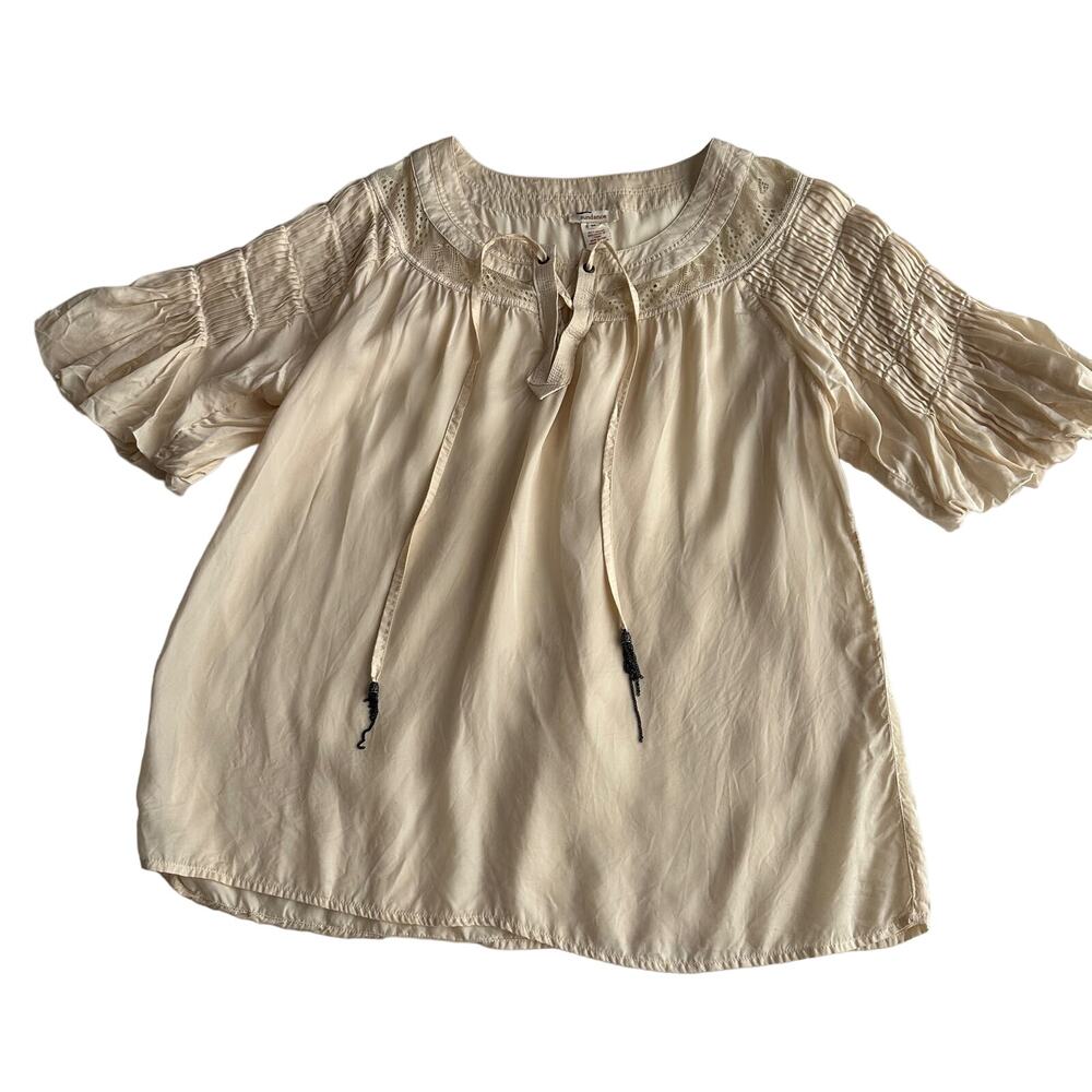 Sundance Rayon Satin Pleated Sleeve Cream Lace Panel‎ Chain Tassel Blouse M